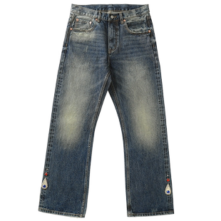 MBBCAR窄幅嬉皮士系列 复古做旧蓝铆钉镶钻摇滚赤耳牛仔707喇叭裤