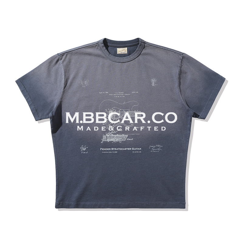 MBBCAR窄幅 230G摇滚复古芬达电吉他VINTAGE褪色水洗做旧印花T恤