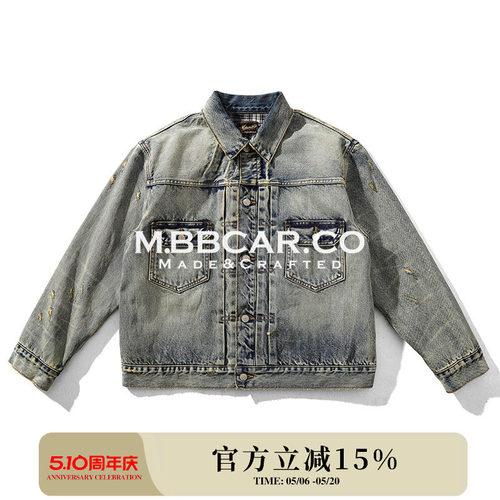MBCBAR窄幅 旧化系列TYPE2二代重工水洗破坏赤耳丹宁格纹牛仔夹克