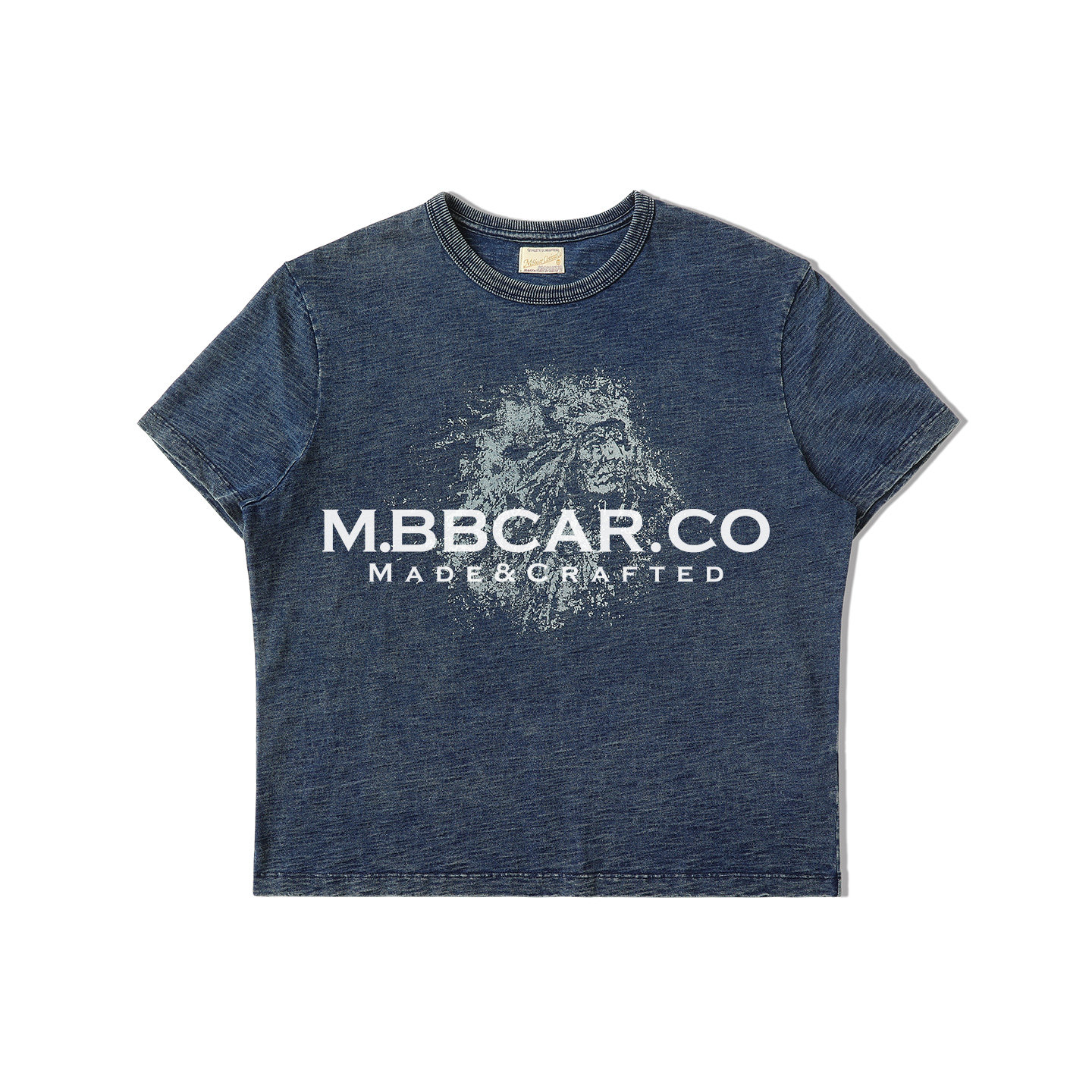 MBBCAR窄幅靛蓝竹节花纱印第安西部水洗做旧200克针织牛仔短袖T恤