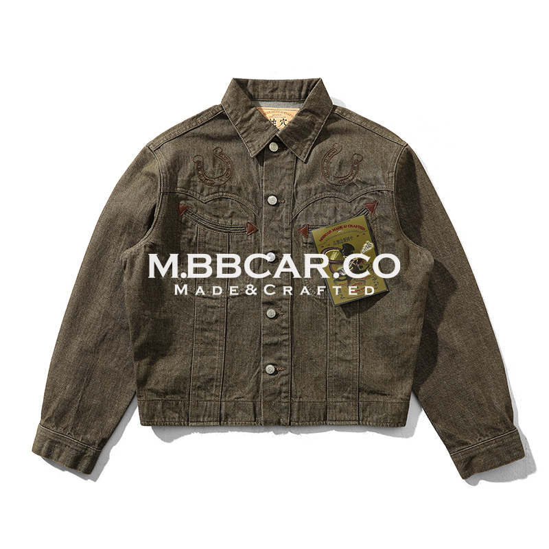 窄幅MMC 蛇穴系列硫化染卡其绿西部剪裁100J短宽赤耳丹宁骑士夹克