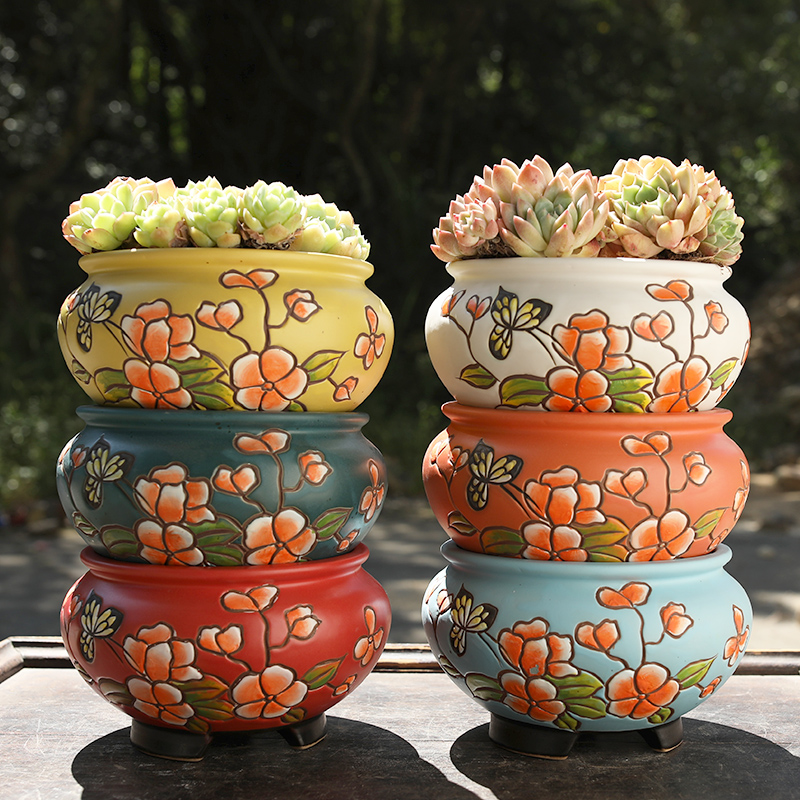景德镇大号多肉花盆陶瓷韩式延禧手绘粗陶肉肉盆室内群生特价包邮