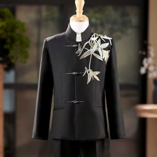 儿童刺绣中山装中式竹叶中国风西装套装男童主持人礼服表演出服