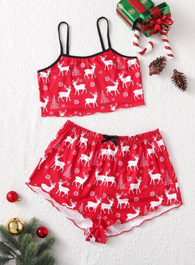 Two piece set of women's Christmas pajamas, vests, shorts