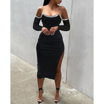 一字肩开叉紧身裙 Off Shoulder Sequin Decor High Slit Dress