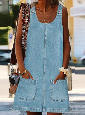 Women's Fashion Denim Short-sleeved Dress Suspenders Casual