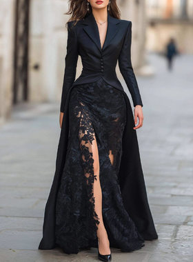 欧美女装长袖气质蕾丝西装领两件套连衣裙Women party suit dress