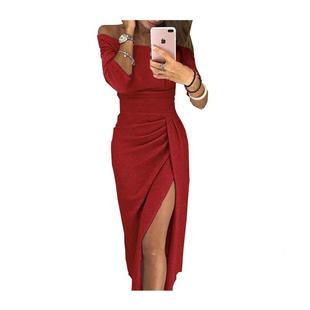 Bodycon Slit Boat Women Dress Summer Neck Gown一字领连衣裙