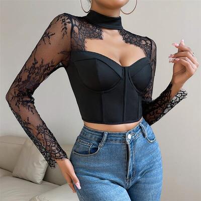 Sexy Fashionable Elegant Slim-fit Lace Long-sleeve 性感上衣