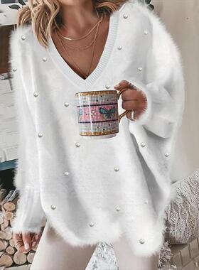 长袖毛衣V领毛毛宽松上衣Long Sleeved Sweater V-Neck Plush Top