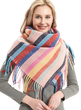 Loop Yarn Stripe Pattern Long Tassel Bristle Square Scarf