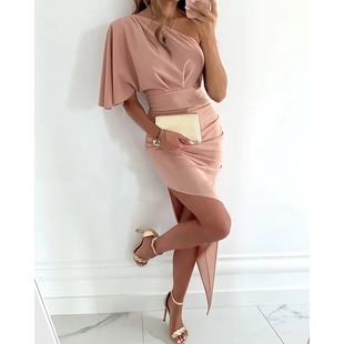 Party One Slit Ruched Dress不对称单肩缎面派对连衣裙 Shoulder