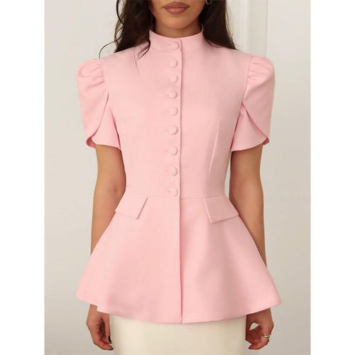 欧美立领排扣收腰修身短袖西装上衣女coat suit tops women sexy