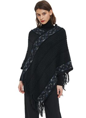 New Pullover Striped Solid Color Fringed Knitted Cape Shawl