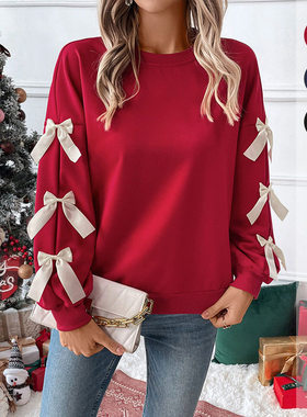 Women Sweet Top Round Neck Bow Red Christmas Sweater