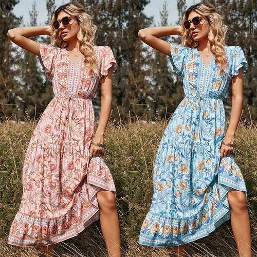V-neck short sleeve printed women's dress 短袖印花女士连衣裙