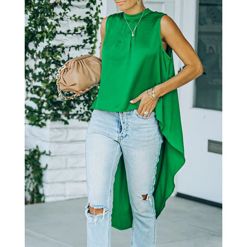 Women Blouse Plain Sleeveless Dip Hem Top无袖不规则宽松上衣