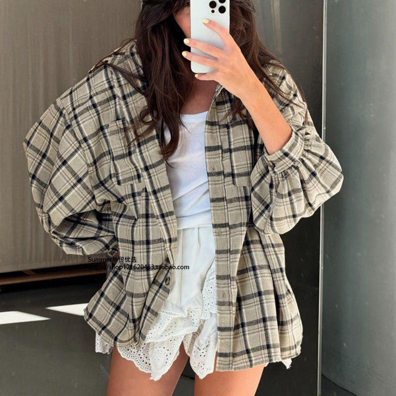 美式复古长袖口袋格纹女式衬衫百搭宽松衬衣 Checked khaki shirt