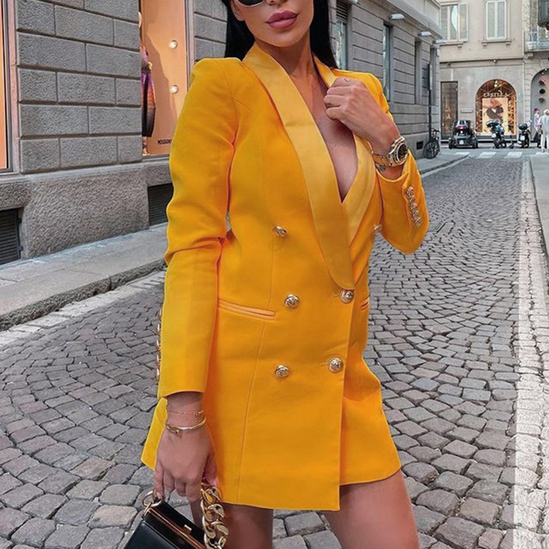 Women Double Breasted Blazer Dress欧美纯色收腰长袖小西装外套