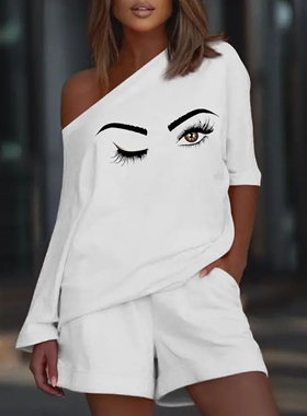 Eyes Print Casual Top & Shorts Set休闲印花休闲两件套装夏季