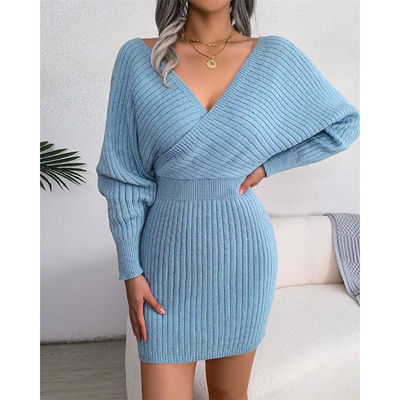 Batwing Sleeve V-Back Sweater Dress 蝙蝠袖针织包臀V领毛衣裙