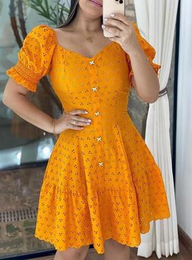 Women Hollow Out Summer Dress夏季短袖收腰镂空连衣裙