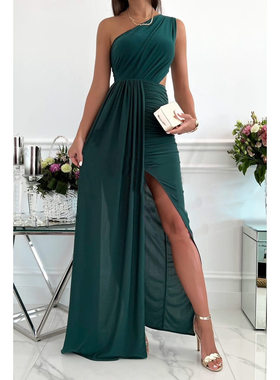 One shoulder split dress women 无袖斜肩镂空气质开叉连衣裙女