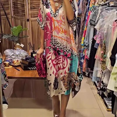 style Casual Leopard print Colorful printed Deep v 领连衣裙