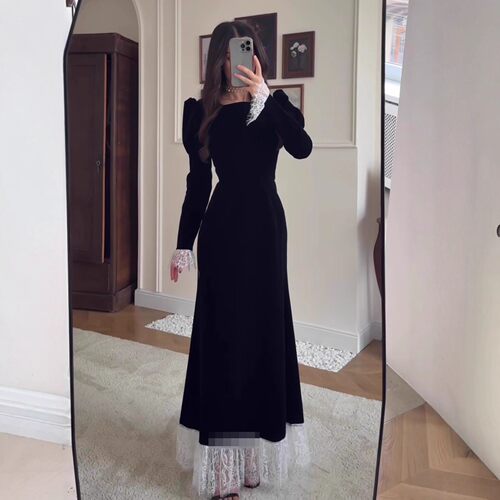 欧美女装秋季新款气质优雅长袖连衣裙收腰长裙Long sleeved dress