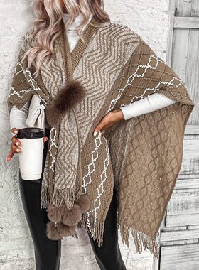 Women Knit V Collar Tassel Gradient Poncho Cardigan Shawl