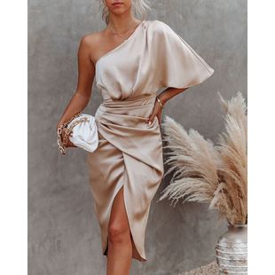 Shoulder Party Batwing Ruched Dress Sleeve 性感单肩连衣裙One