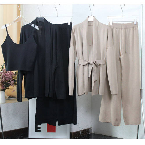 Knitted Cardigan + tank top wide leg pants three piece suit