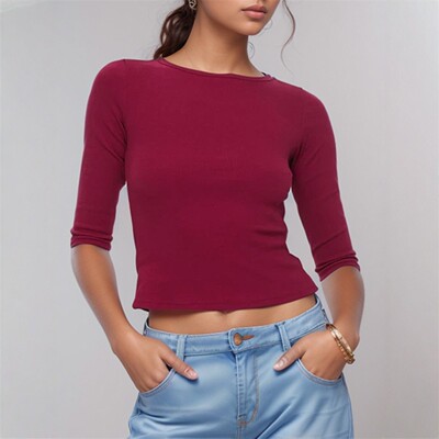 欧美修身短袖短款露脐T恤上衣女 sexy crop top tee tshirt women