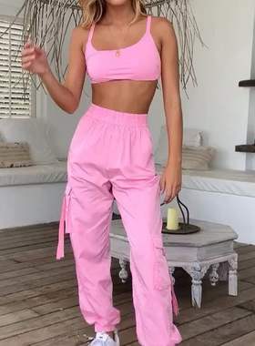 Female Jogger Set Women Pink Outfit Crop Top and Joggers