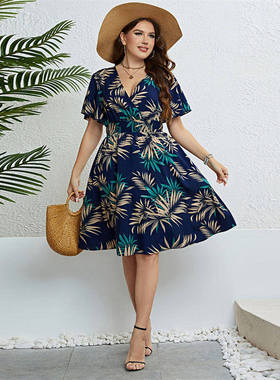 women summer plus size dress大码夏季V领收腰显瘦连衣裙女L-4XL