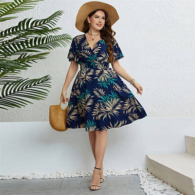 women summer plus size dress大码夏季V领收腰显瘦连衣裙女L-4XL