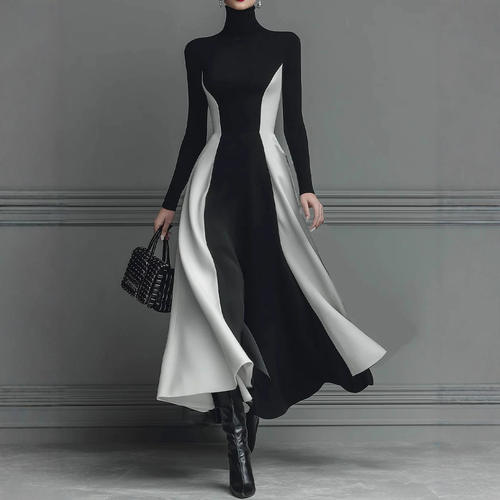 欧美拼接针织高领气质长袖修身连衣裙Women long sleeved dress