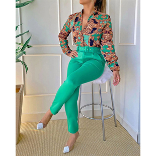 Baroque Print Long Sleeve Top & Pants Set 欧美休闲套装女