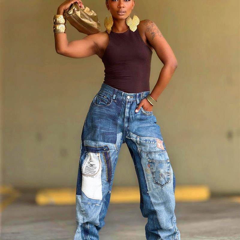 Women's Patchwork Printed Jeans for Spring and Autumn牛仔裤