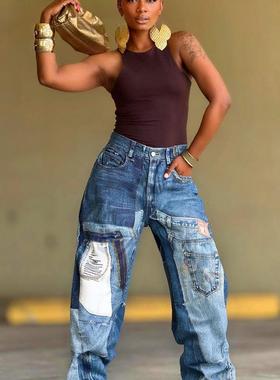 Women's Patchwork Printed Jeans for Spring and Autumn牛仔裤