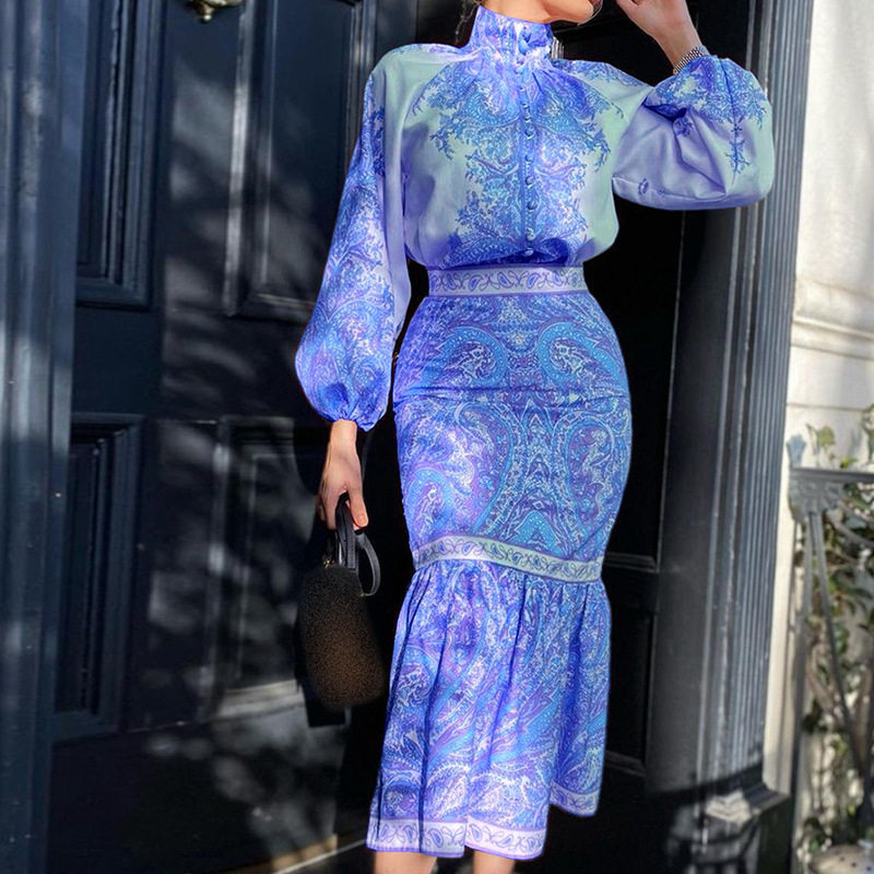 Women Tops Skirts Two Piece Set印花上衣中长款包臂半身裙套装