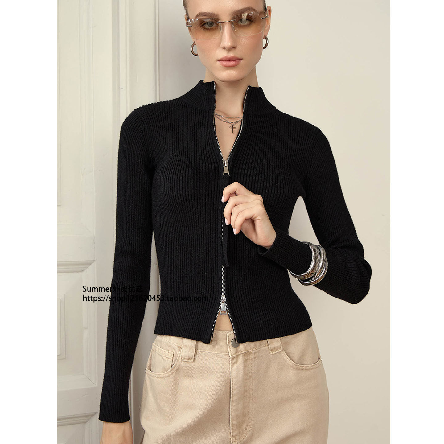 立领修身双拉链开衫保暖针织外套Zipper cardigan knitted jacket
