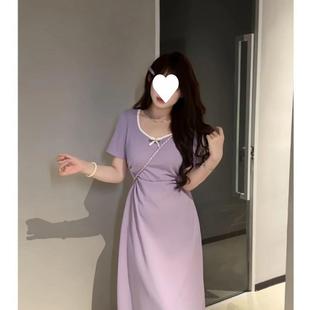 显瘦气质收腰裙子 法式 夏季 设计撞色连衣裙微胖mm黑色大码 新款