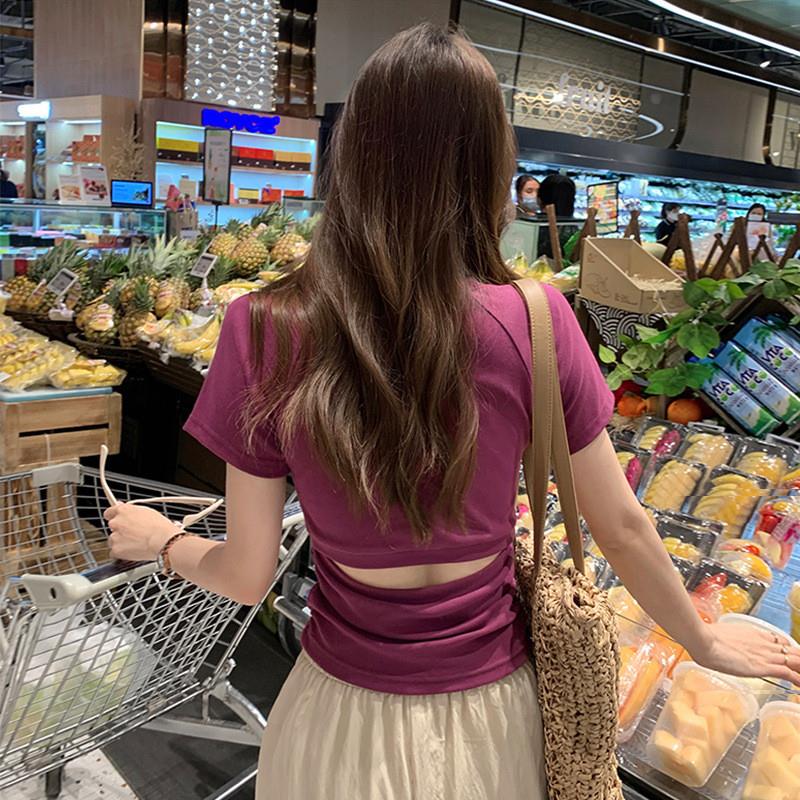 后背镂空短袖T恤女2025夏季新款设计感黑色修身短款外穿性感上衣