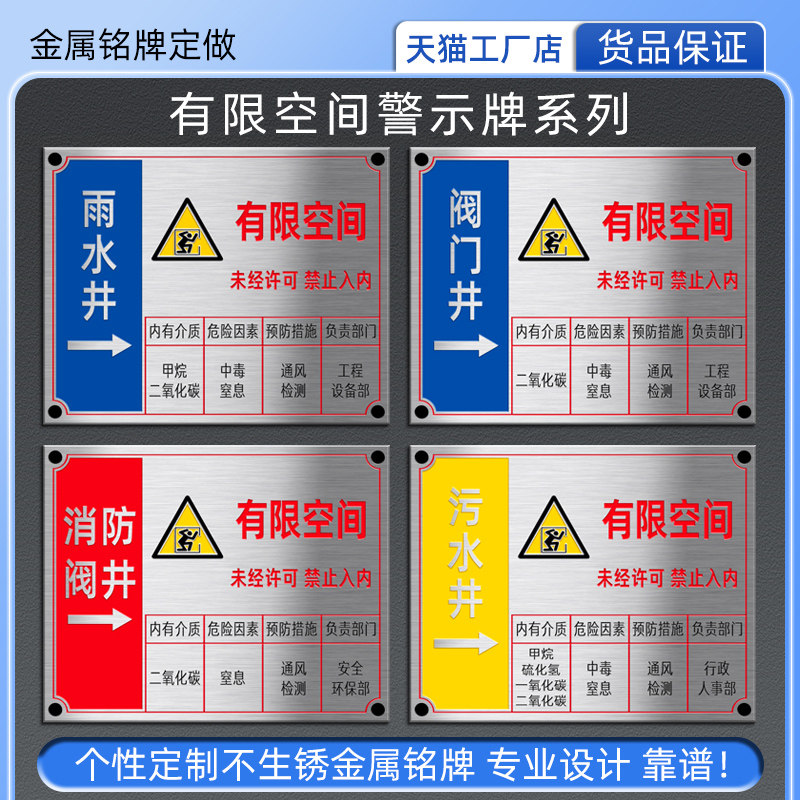 有限空间警示牌消防阀井铭牌雨水污水井盖标牌未经许可禁止入内牌不锈钢腐蚀铭牌定做铝标牌定制金属点漆牌子
