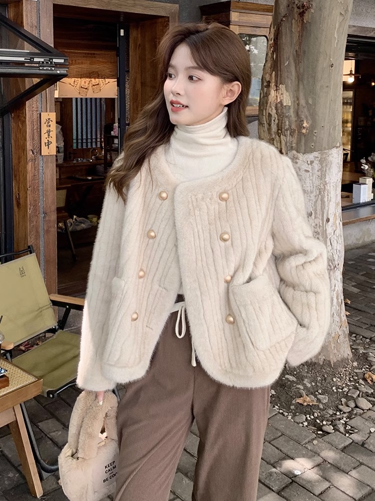 LILY MOST冬季加厚法式水貂绒皮毛一体环保条纹皮草外套大衣女