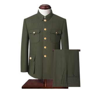 羊毛呢军绿中山装男套装中老年宽松爷爷装中国风中式礼服冬装