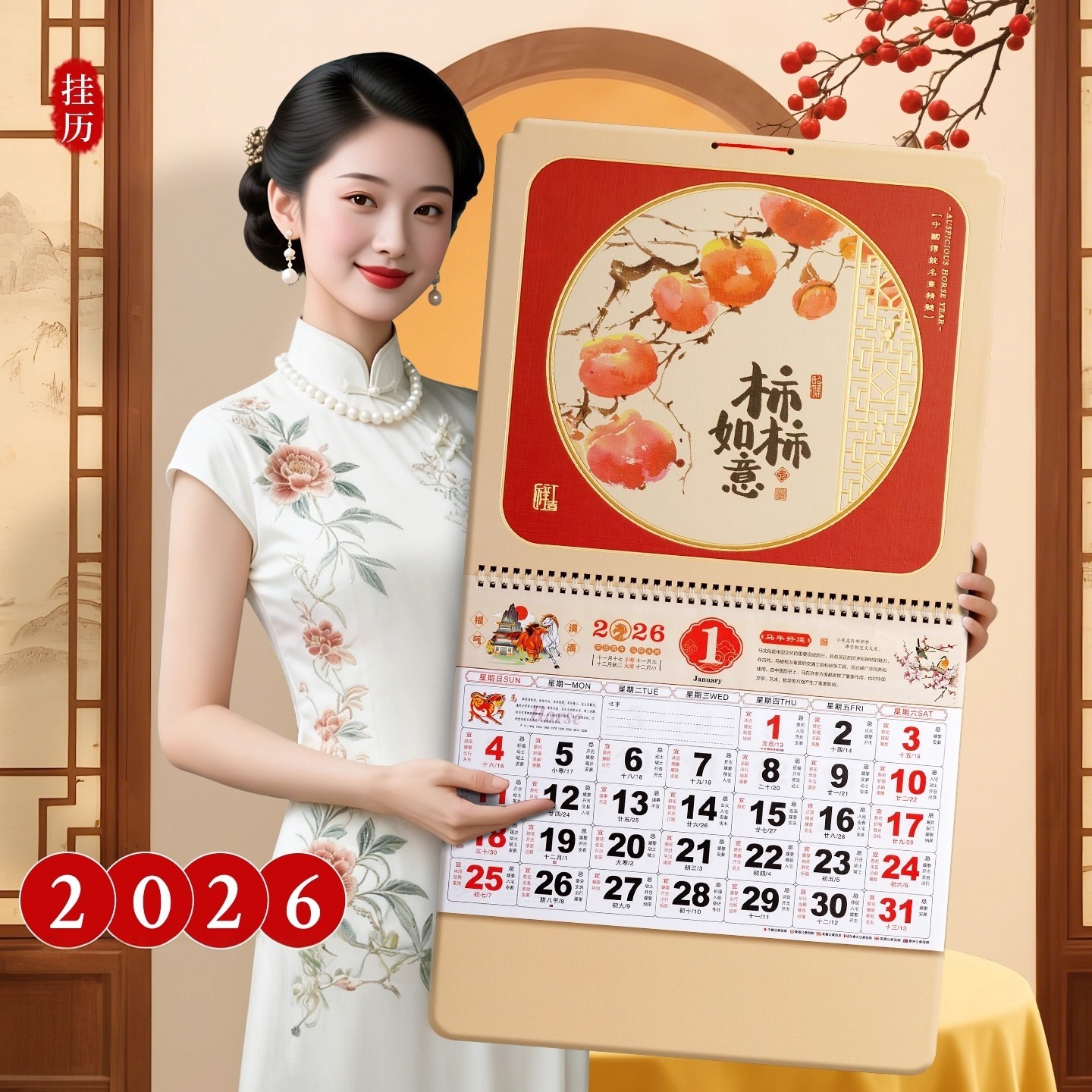 挂历2026马年柿柿如意高档公司新年礼品撕历吊牌家用装饰挂墙创新