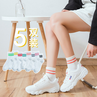 两条杠袜子女春秋季中筒袜ins潮日系学院风韩版女袜白色短袜棉
