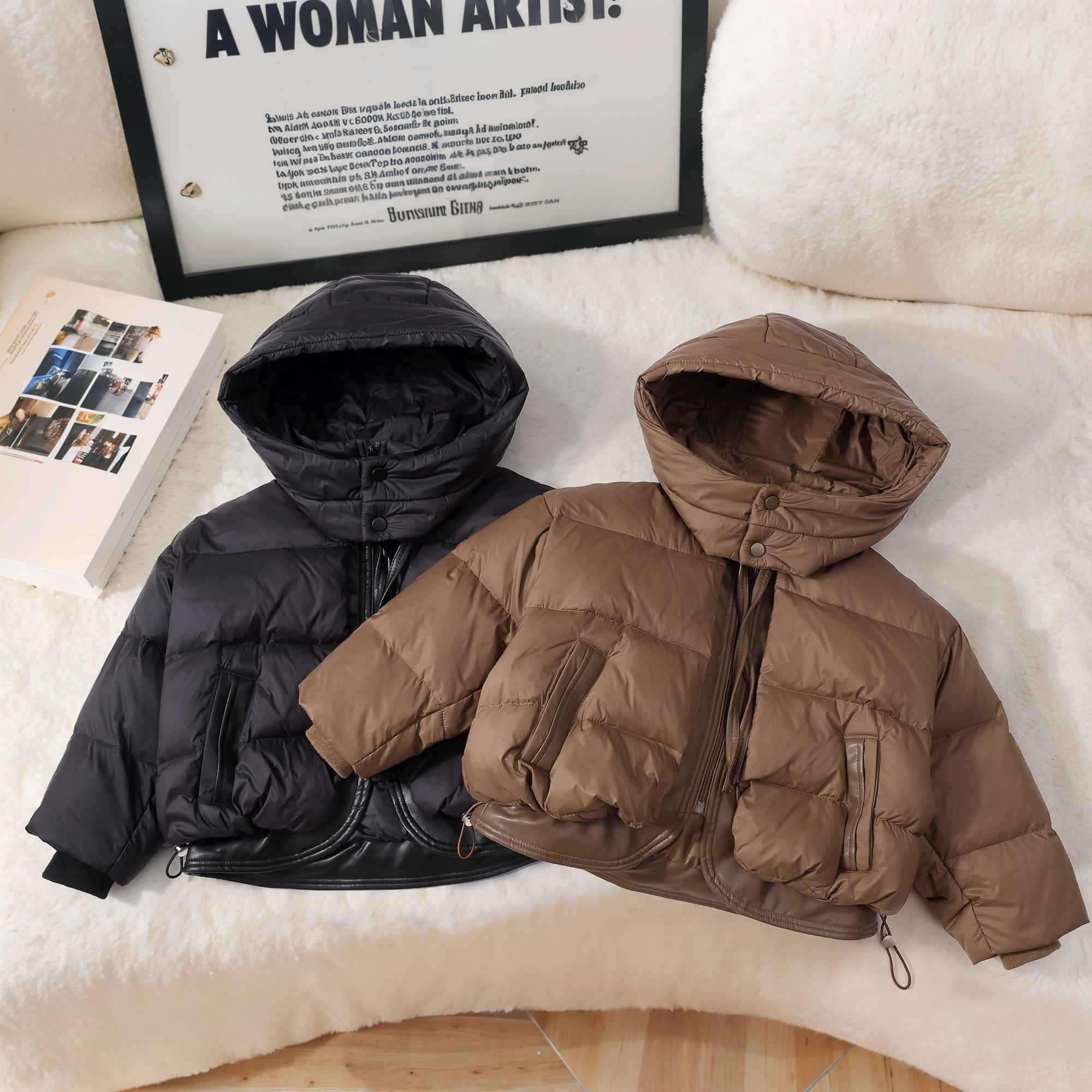 2024冬款女童連帽羽絲絨絲服中大童女孩短款加厚假兩件面包服外套